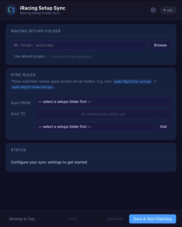 iRacing Setup Sync configuration window showing sync rules and status